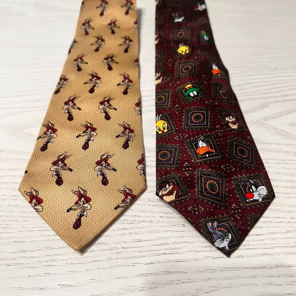Looney Tunes Neck Tie Marvin Martian Tasmanian Vintage Silk Lot of 2